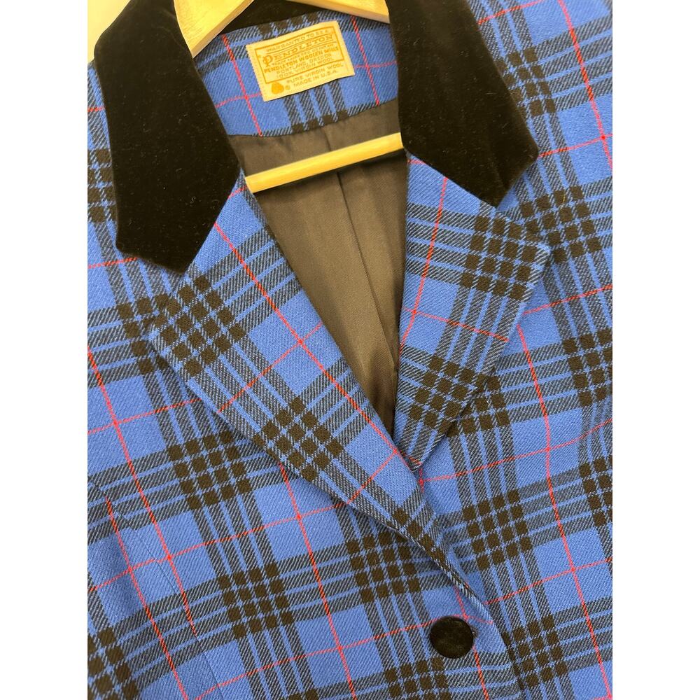 Vintage 1990’s Blue and Black Wool Plaid Blazer Jacket w/ Velvet Collar Size 10 - Picture 2 of 6
